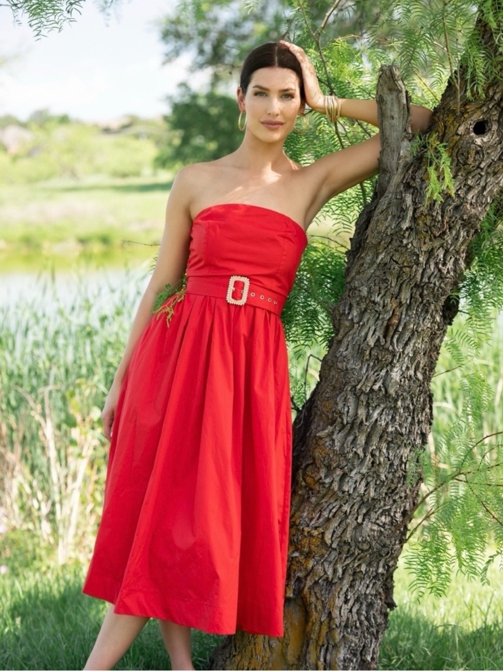 Flying Tomato Strapless Red Midi Dress with Decorative Buckle